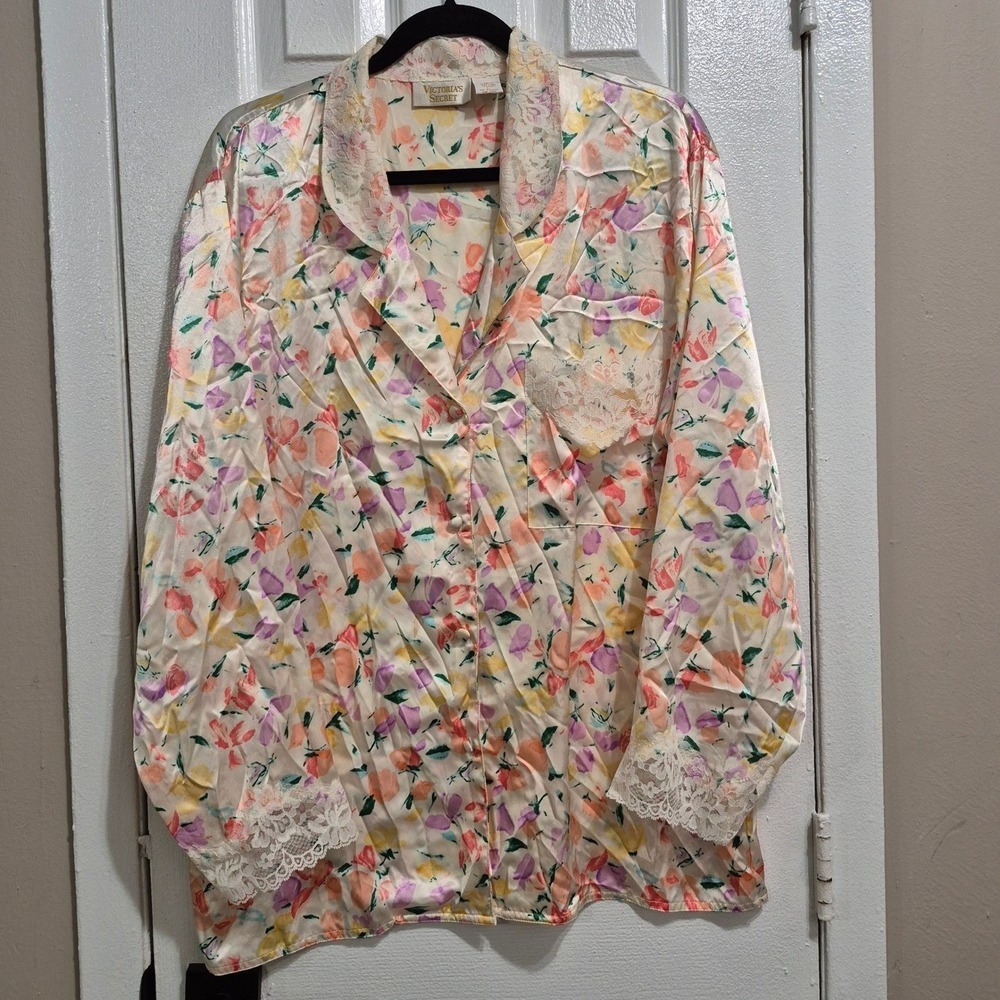 Vtg Victorias Secret Floral Pajama Set Top Pants Long Sleeve Lace Trim L - Picture 6 of 14